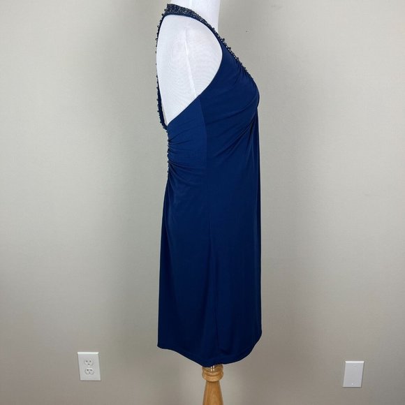 Alex Evenings Dress 4P Navy Blue Pleated Beaded Halter V-Neck Padded Bust Party - Picture 6 of 13